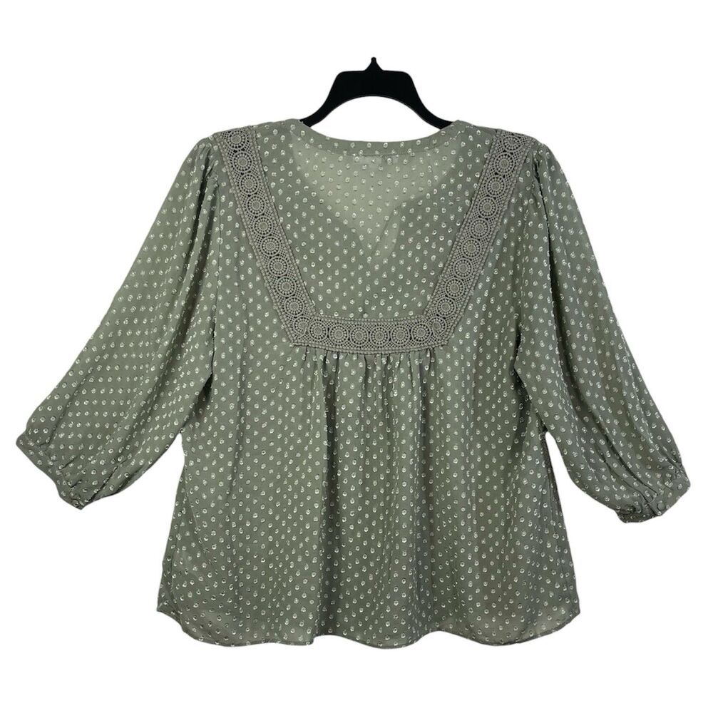 DR2 Women Plus 1X Green Swiss Dot Blouse Lace Trim Tassel Top Semi Sheer Boho - Picture 4 of 7
